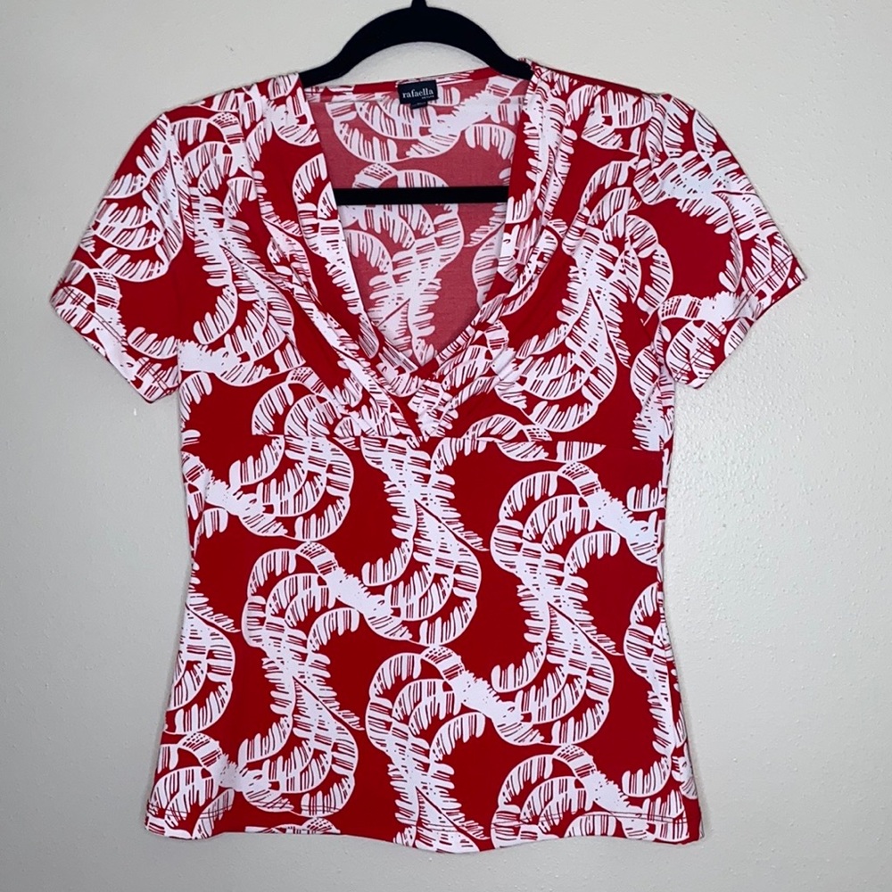 Red and White, V-Neck, Short Sleeve Rafaella Sized Petite Shirt.  NWT